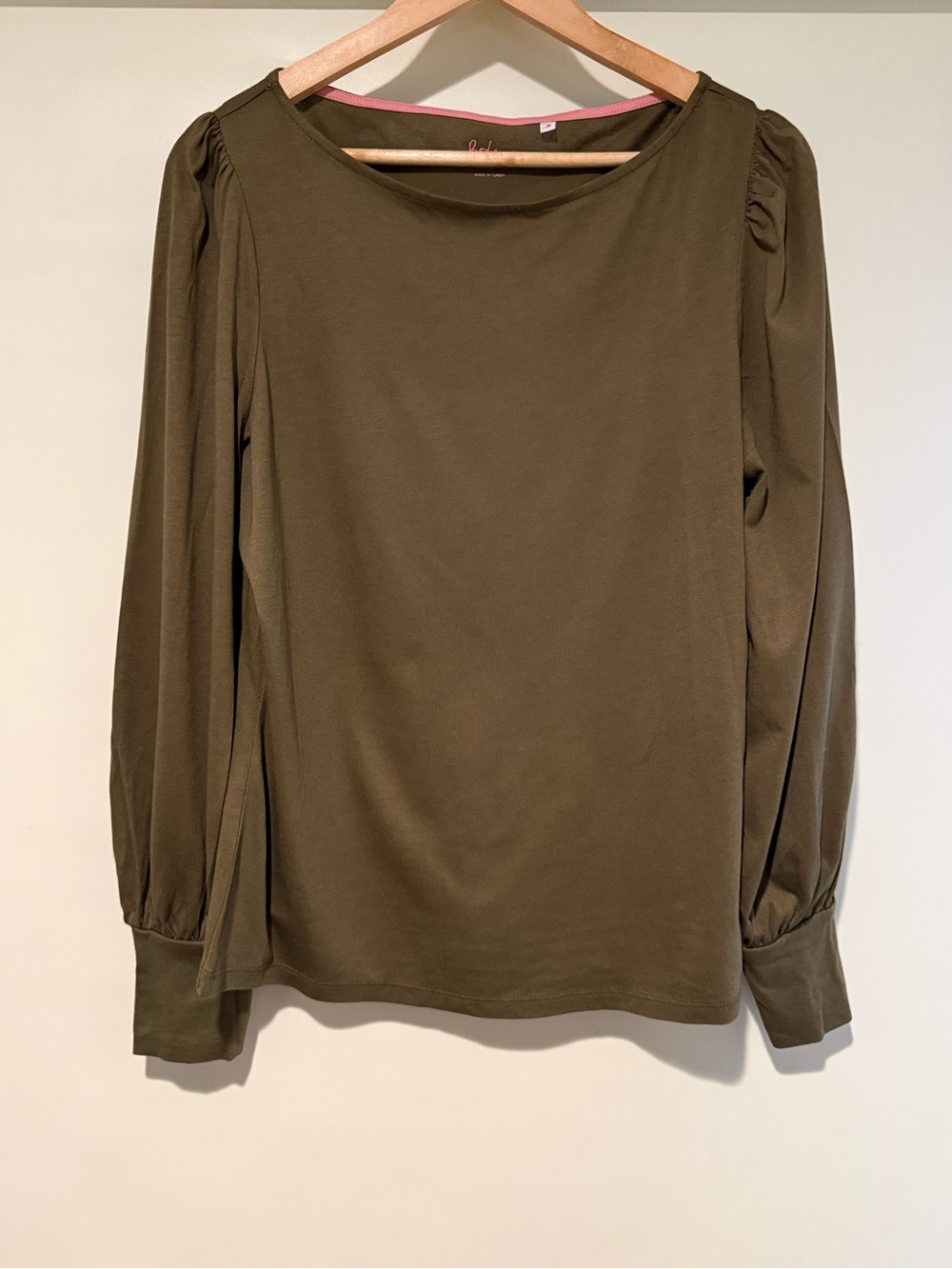 Boden Long Puff Sleeve Olive Green Cotton/modal Jersey Crew Neck Top, size 12